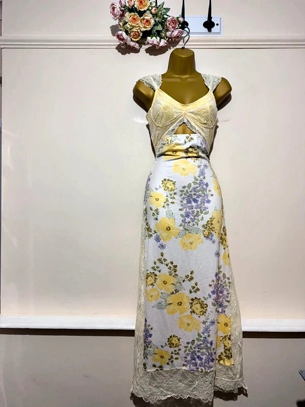 Lucy in the Sky Lace Floral Trim Maxi Dress in Yellow